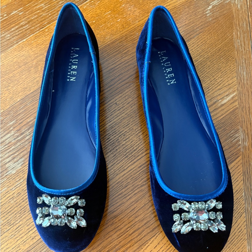 Ralph Lauren Adelisa Navy Velvet Flats with Embellishment